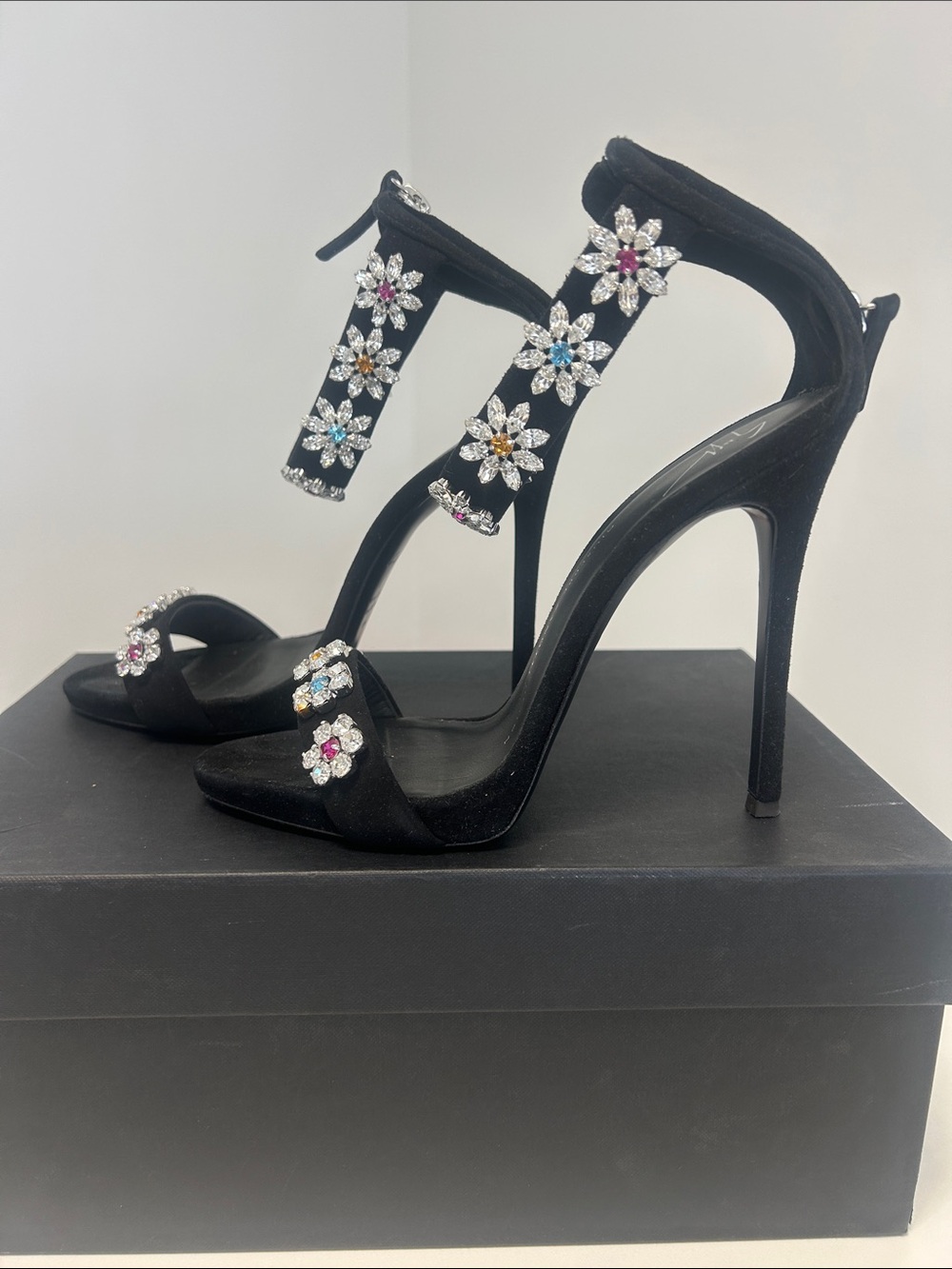 Giuseppe Zanotti Black Satin Crystal Flower Ankle-Strap Heels - Picture 2 of 7